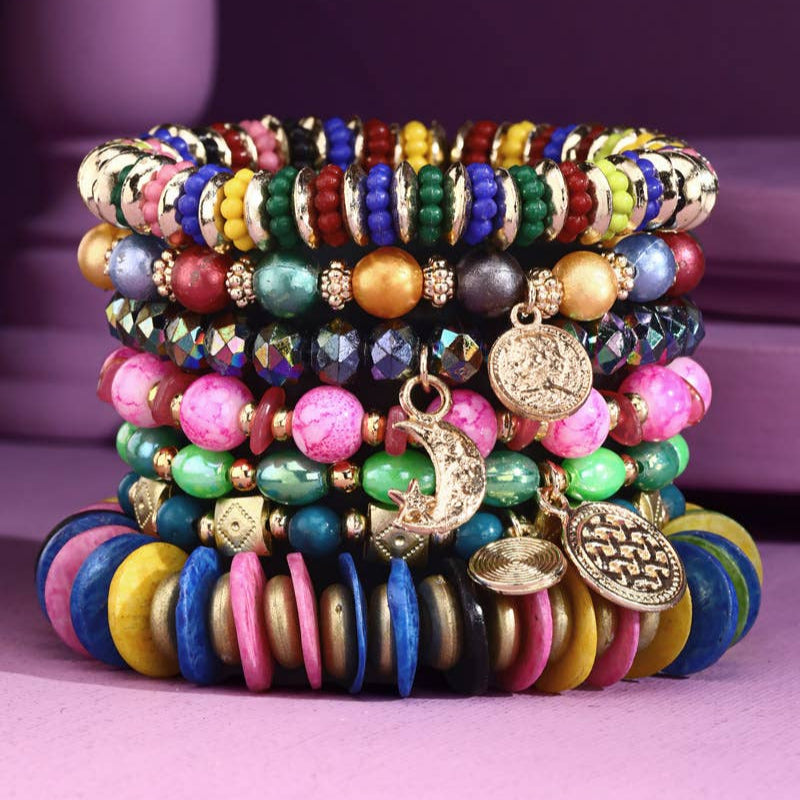 Stretch Bracelets, 7-Strand Multi-Beads with Charms