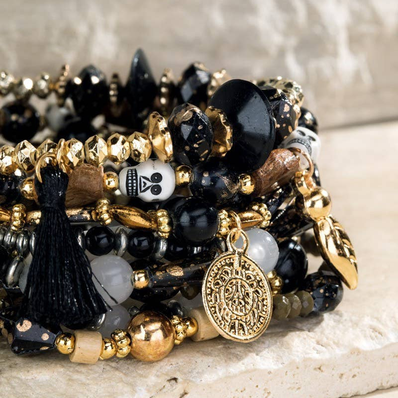 Stretch Bracelets, 9-in-1 Skull Charms Beads