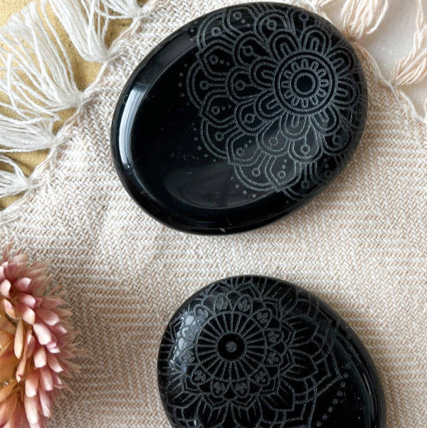 Etched Obsidian Worry Stone - Assorted Mandalas