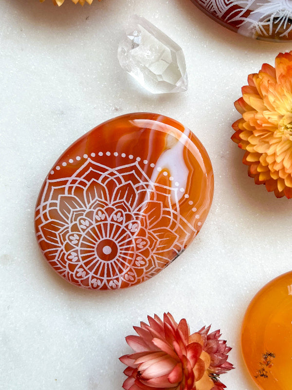 Etched Carnelian Crystal Palm or Worry Stone - Assorted Mandalas