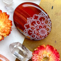 Etched Carnelian Crystal Palm or Worry Stone - Assorted Mandalas