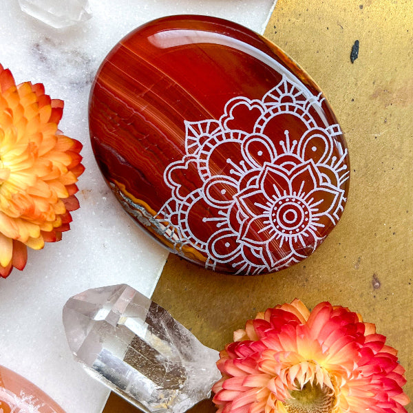 Etched Carnelian Crystal Palm or Worry Stone - Assorted Mandalas