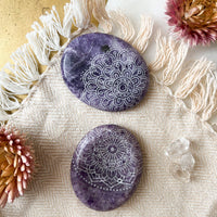 Etched Lepidolite Worry Stone - Assorted Mandalas