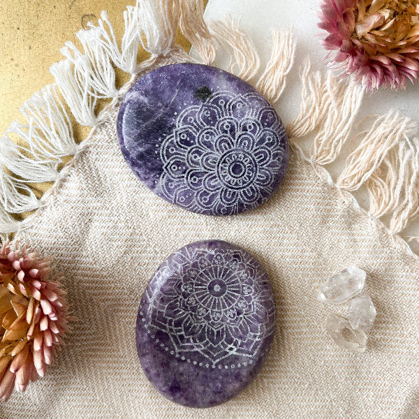 Etched Lepidolite Worry Stone - Assorted Mandalas