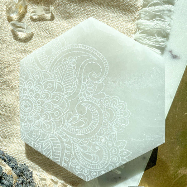 Crystal Charging Plate "Henna Prayer" Selenite Hexagon