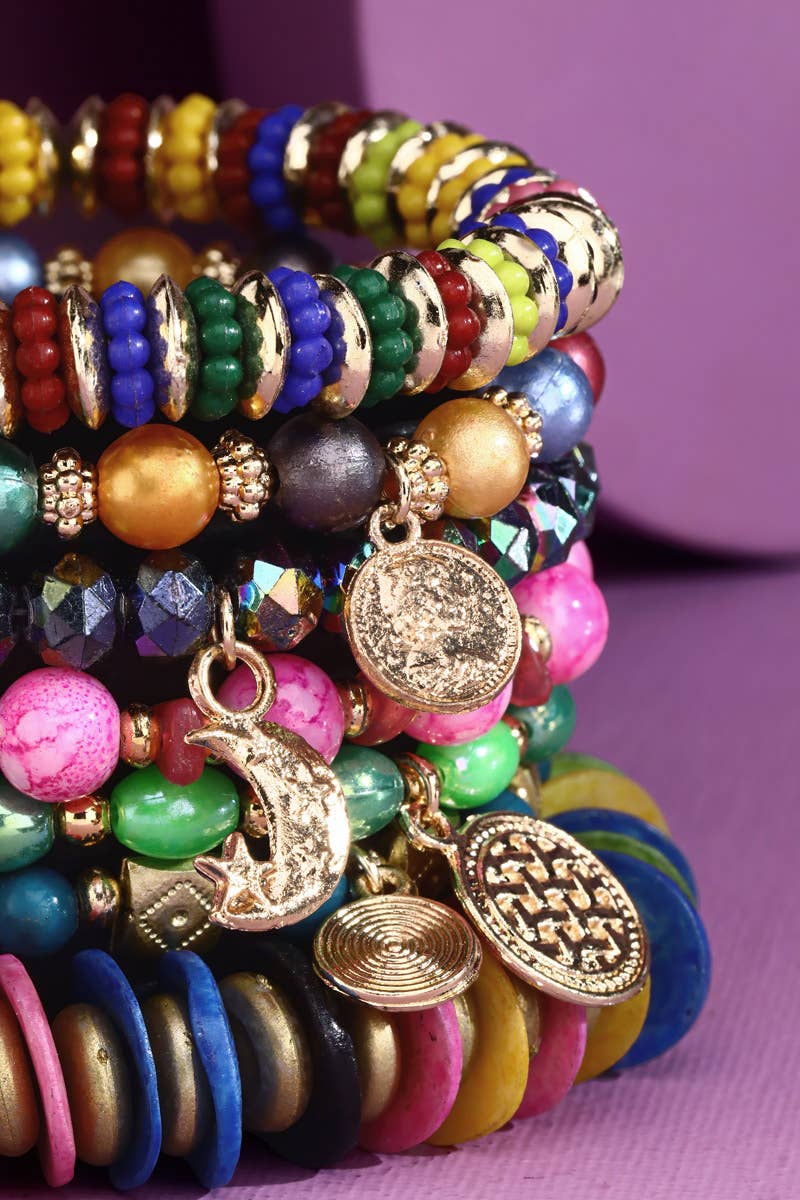 Stretch Bracelets, 7-Strand Multi-Beads with Charms