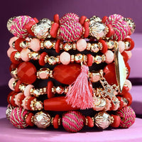 Stretch Bracelets, 7 Strand Mixed Bead Bracelet with Accent Tassel