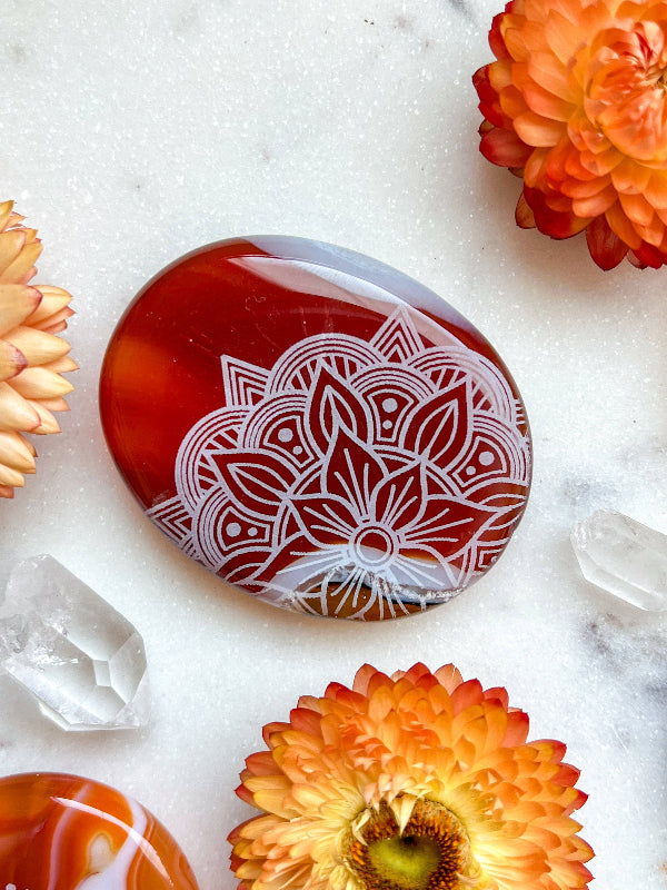 Etched Carnelian Crystal Palm or Worry Stone - Assorted Mandalas