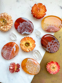 Etched Carnelian Crystal Palm or Worry Stone - Assorted Mandalas