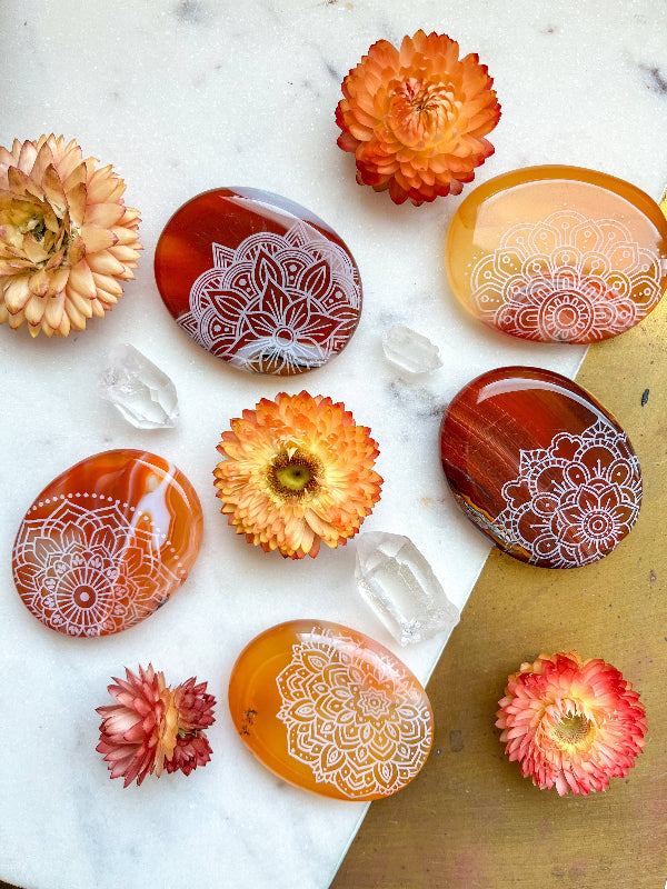 Etched Carnelian Crystal Palm or Worry Stone - Assorted Mandalas