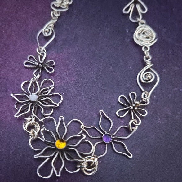 Ready To Ship Garden Silhouette Gemstone Necklace, Dahlia and Rose Bud {One-Of-A-Kind}