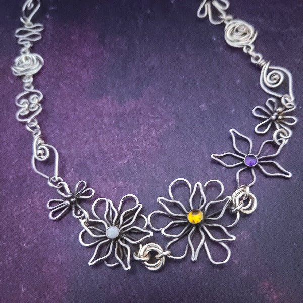 Ready To Ship Garden Silhouette Gemstone Necklace, Dahlia and Rose Bud {One-Of-A-Kind}