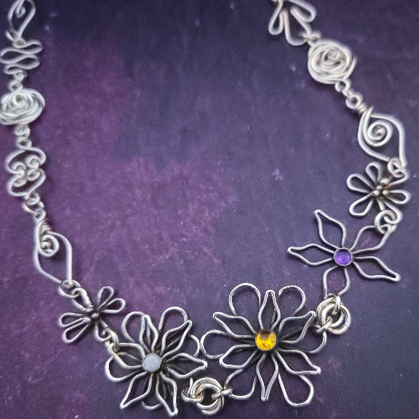 Ready To Ship Garden Silhouette Gemstone Necklace, Dahlia and Rose Bud {One-Of-A-Kind}