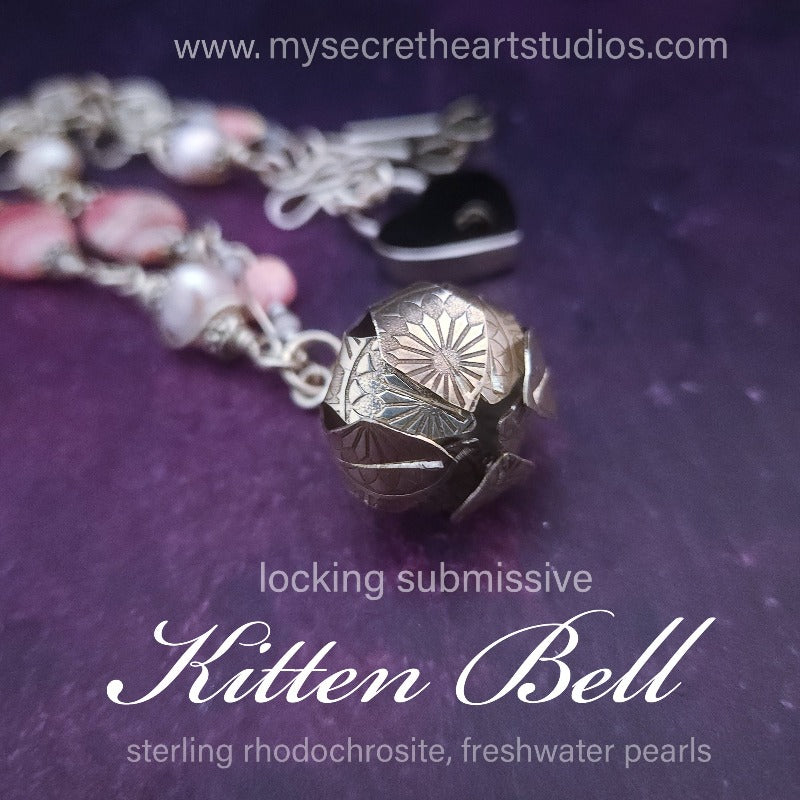 Crafted from luxurious sterling silver, our KITTEN BELL necklace features a unique design with Rhodochrosite and Freshwater Pearls, making it a one-of-a-kind accessory. Wear it as a stylish fashion piece or as a subtle nod to your pet or alternative lifestyle. Either way, you'll exude elegance and sophistication.