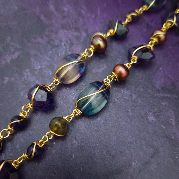 We all have a light within, an inner glow that others may see when they connect with our spirit. The shimmer and glow of this Labradorite Cabochon reminds me of this. This asymmetrical collar necklace is a testament to artisan craftsmanship and design. The Labradorite Cabochon is encased in a 14K Yellow Gold-Filled Wire Wrapped setting with a beautifully fluid look, and gold-wrapped pieces add a unique look.