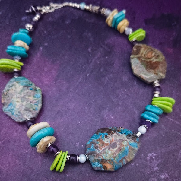 Big. Bold. Chunky. Chrysocolla is the perfect companion to turquoise and buffalo turquoise. The Tazi One-0f-A-Kind Gemstone Collar is so urban chic ... like you're strutting down Fifth Ave in NYC. {or the streets of Denver!}