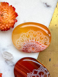 Etched Carnelian Crystal Palm or Worry Stone - Assorted Mandalas
