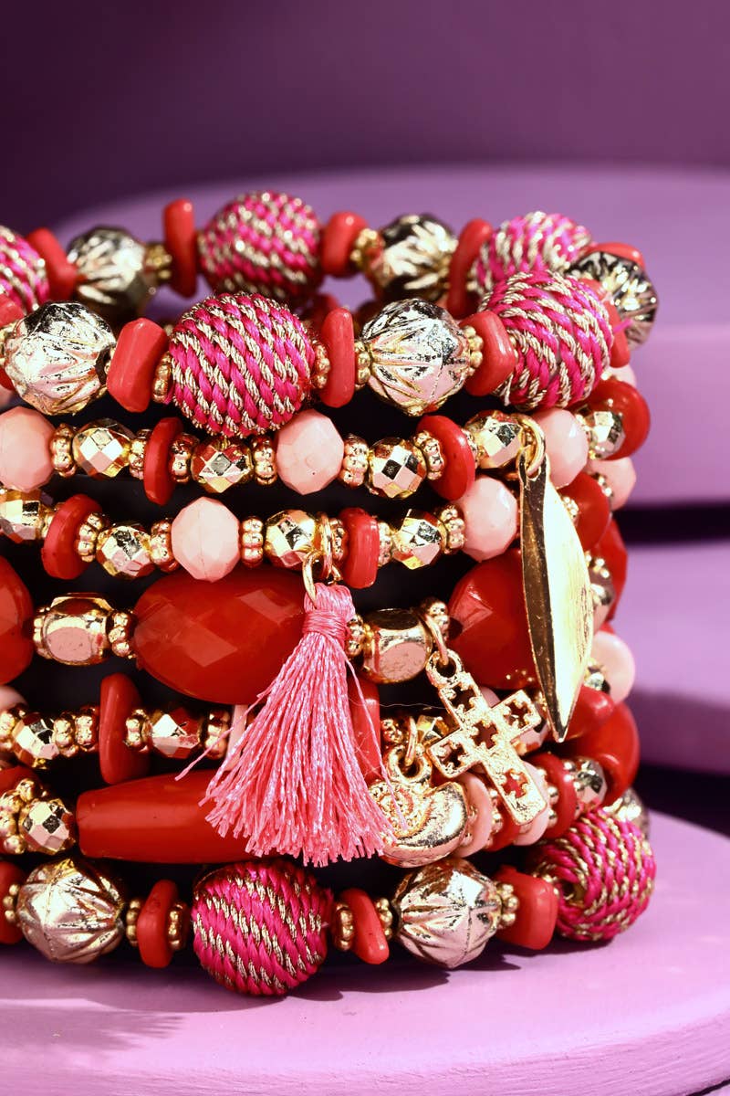 Stretch Bracelets, 7 Strand Mixed Bead Bracelet with Accent Tassel