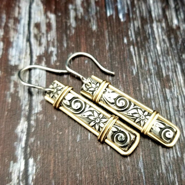Wild Flower Drop Earrings, Sterling with Gold Wire Wrapped Accents