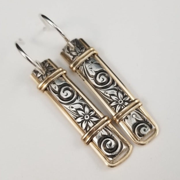 Wild Flower Drop Earrings, Sterling with Gold Wire Wrapped Accents