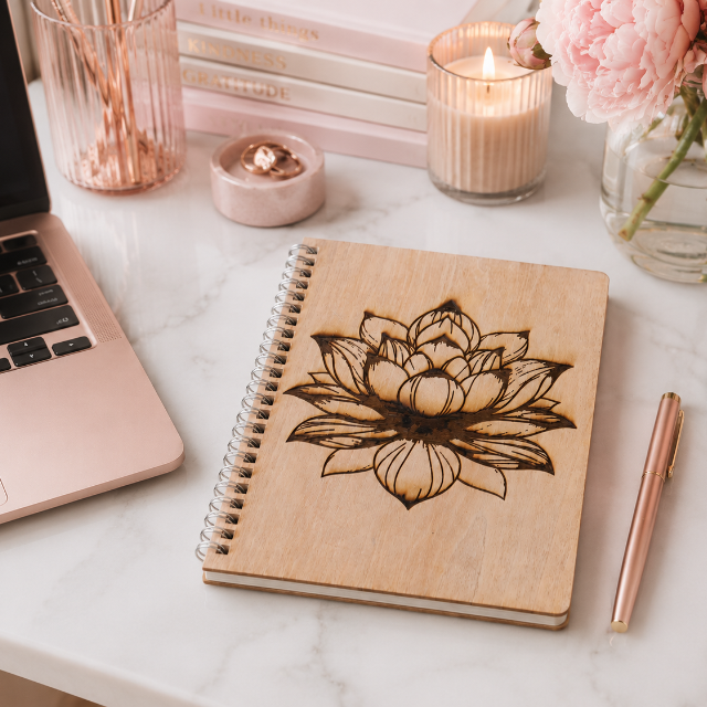 Wooden notebook with lotus design on a marble desk with laptop, candles, and flowers.