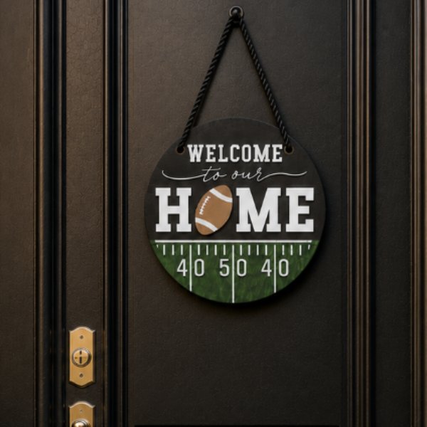 A decorative hanging sign on a black front door reads “WELCOME to our HOME” with a football field graphic. The scene is styled with a black door, gold hardware, a brown doormat with a large letter N, potted greenery, and a lantern on the porch.