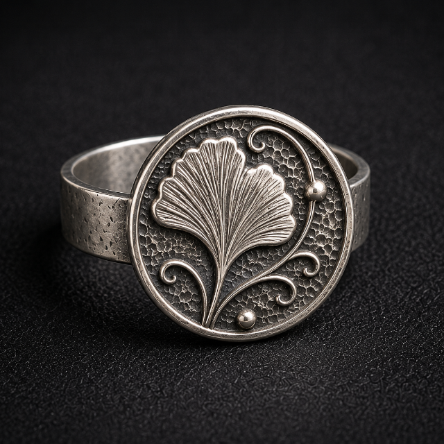 A silver ring with a circular face featuring an embossed ginkgo leaf design, photographed on a dark textured background.