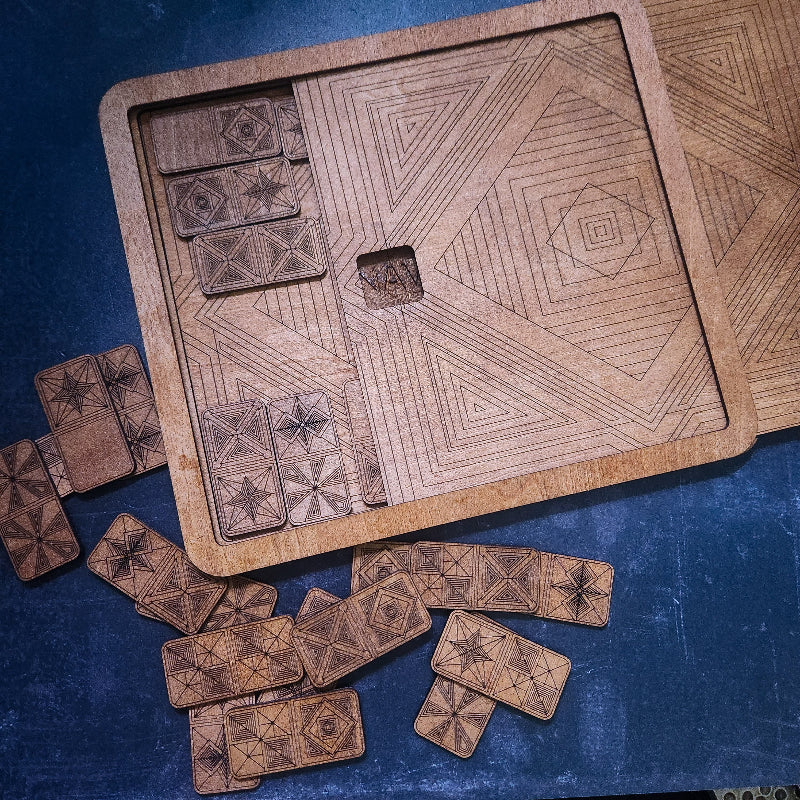 Artisan Wooden geometric Domino tiles and storage box