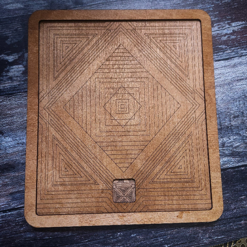 Wooden Domino Set with board with geometric patterns on a dark wooden surface