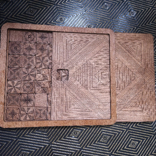Artisan Wooden Domino Set with geometric patterns and Slide Top Storage, Laser Cut, on a blue patterned surface