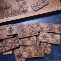 Laser Cut Wooden Dominoes Game with Slide Top Storage, geometric patterns 
