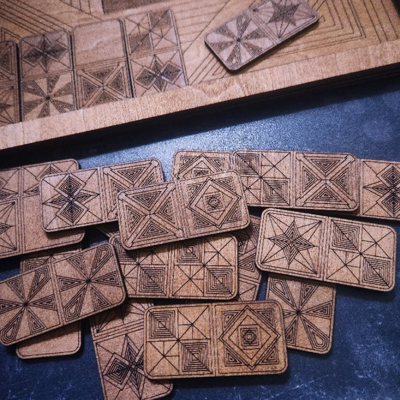 Laser Cut Wooden Dominoes Game with Slide Top Storage, geometric patterns 
