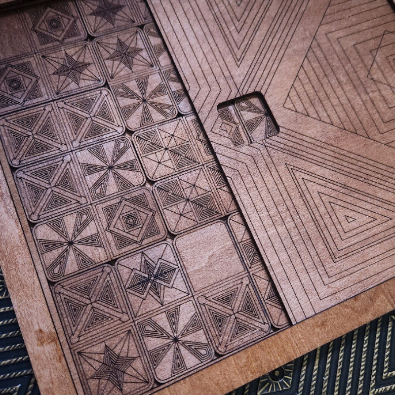 Wooden Dominoes Game with geometric patterns, with a Slide Top Storage Box, Artisan Design, Laser Cut, B Studio Navarri
