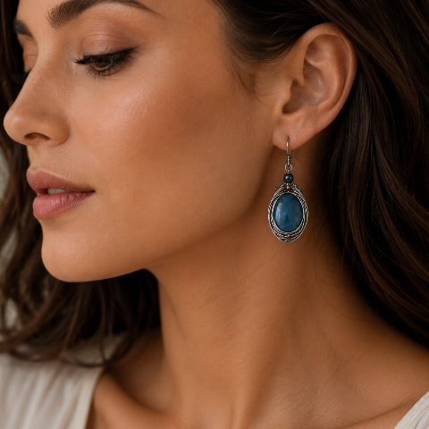 Close-up of a woman wearing a blue earring with a neutral background