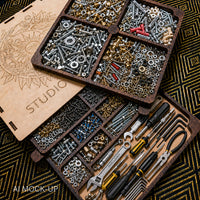 An open wooden organizer tray filled with assorted hardware, screws, nuts, washers, and tools including wrenches, pliers, and screwdrivers, arranged on a patterned black-and-gold surface. A second closed wooden lid with engraved artwork and the word STUDIO is partially visible.