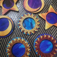 Celestial Tea Light Holders Set, Vibrant colors of wood. Sun, moon and stars