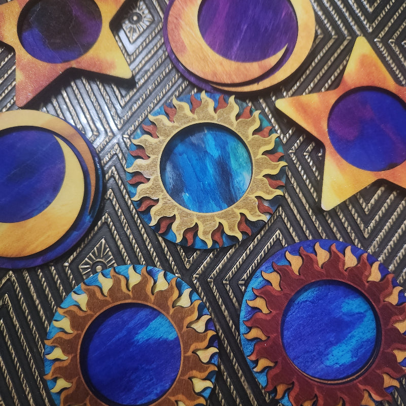 Celestial Tea Light Holders Set, Vibrant colors of wood. Sun, moon and stars
