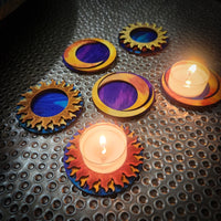 Celestial Tea Light Holders Set, Vibrant colors of wood. Sun, moon and stars