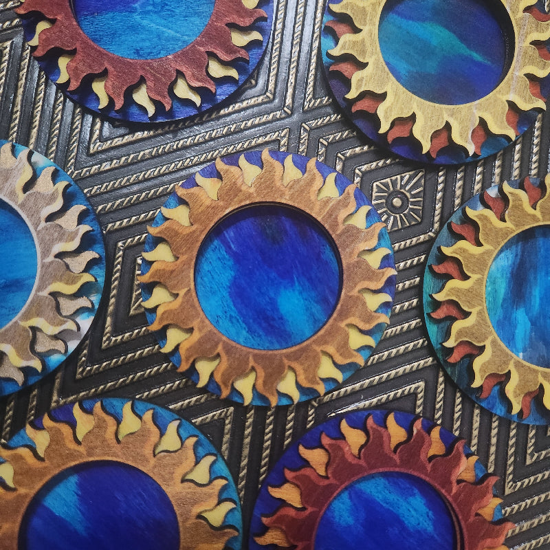 Celestial Tea Light Holders Set, Vibrant colors of wood. Sun, moon and stars 3