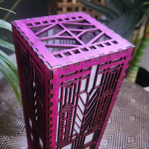 Pink geometric-patterned box on a textured surface with plants in the background