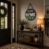A round black metal 'Welcome to our HOME' football field sign with a football graphic is displayed on a wall in a styled entryway above a console table.