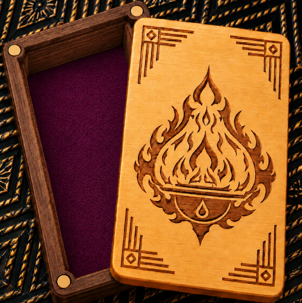 Dice Box, Gold and Walnut with Dungeons and Dragon inspired Sorcerer Icon