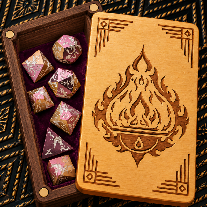 Dice Box, Gold and Walnut with Dungeons and Dragon inspired Sorcerer Icon with Chameleon Dice