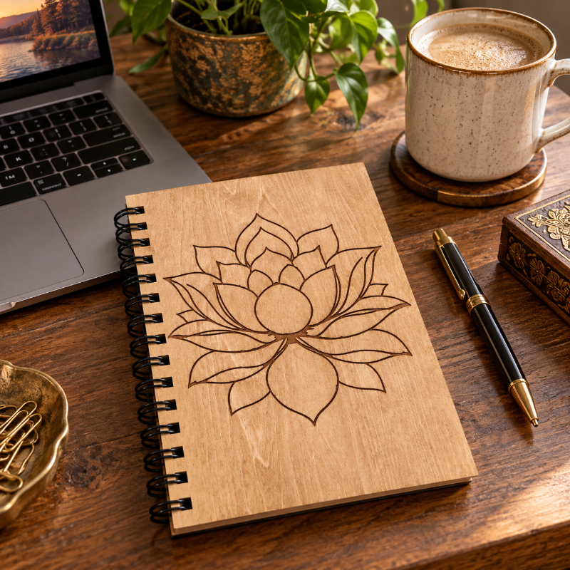 A spiral-bound wooden notebook with a laser-engraved lotus flower design, styled on a rustic wooden desk next to a laptop, a ceramic coffee mug, a pen, and a small plant.