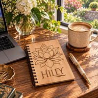 A wooden spiral notebook engraved with a lotus flower and the name 'HILLY' sits on a wooden desk in a bright, sunlit workspace. A beige ceramic mug, a gold pen, a laptop, and a vase of white flowers are arranged around it.