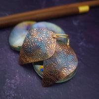 FLAME KISSED EARRINGS - Fat Teardrop Shape with Papyrus Fan Embossing