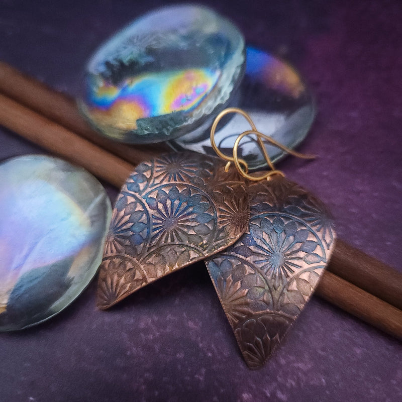 FLAME KISSED EARRINGS - Fat Teardrop Shape with Papyrus Fan Embossing