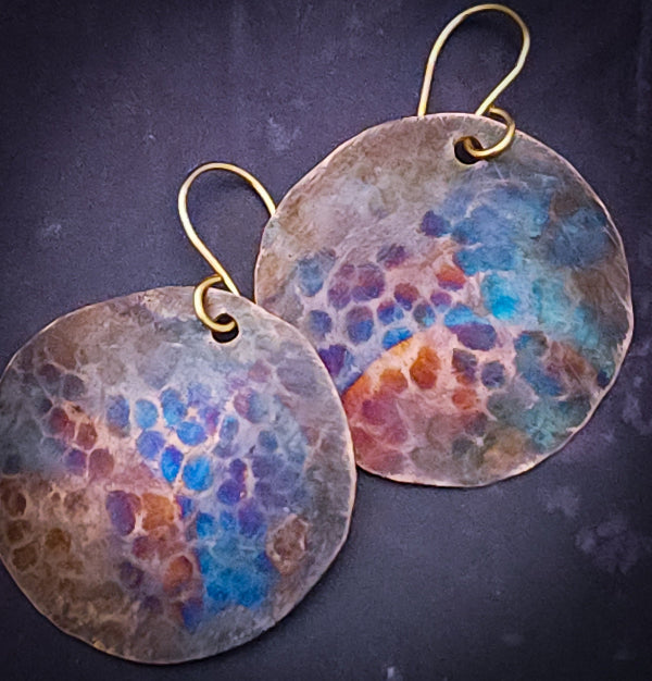 Flame Kissed Copper Earrings, Circle Disks, by Studio Navarri