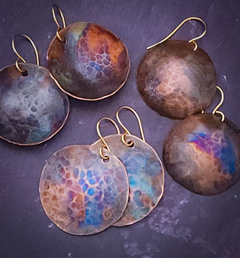 Flame Kissed Copper Earrings, Disks, Bowls and Domes with bronze ear wires