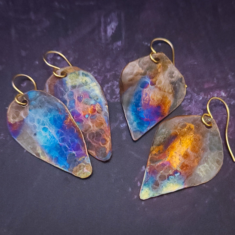 Two pair of hammered copper earrings with flame kissed patina, by Studio Navarri